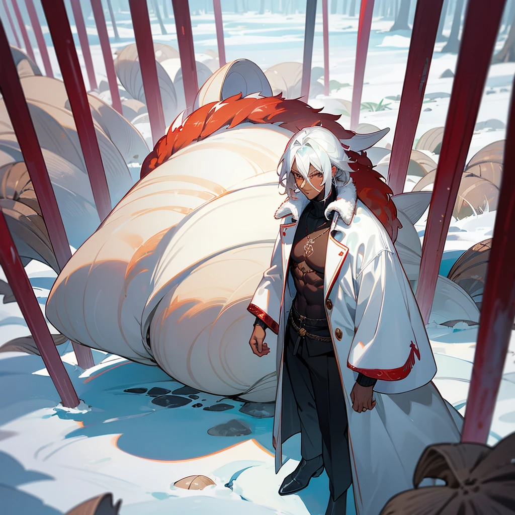 1male, young adult, dark skin, finely detailed crimson eyes, wild medium hair, seashell white hair color, long sleeve turtleneck sweater, oversized fur coat, standing on snowy path, day time, somber expression, muscular, flowers, tattoos