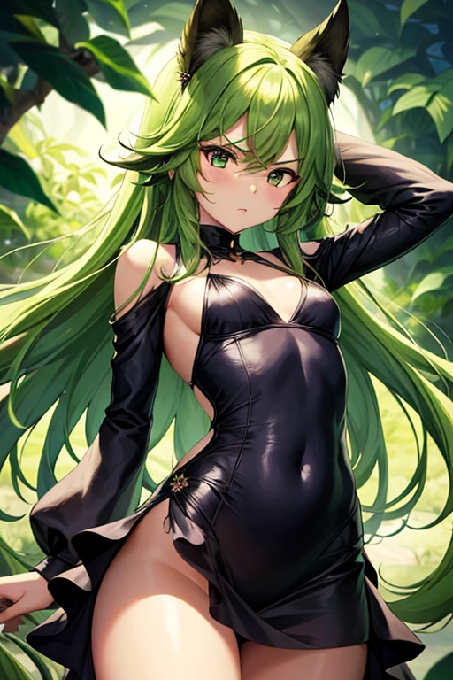 Tatsumaki is a 28 year old woman., Despite his youthful appearance, He has an energetic and slender body. His figure is quite small, with a thin body on top, but slightly thicker at the bottom. He has a flat chest, wide hips and big thighs, which gives it a very feminine appearance. Her hair is emerald and her eyes are also the same tone.. when he gets angry, her hair starts to shine brightly. She usually wears a tight black dress that highlights her curves and shows off her long legs.. Her legs are one of her most notable features., since they are long and elegant. In general, Tatsumaki has a powerful and attractive appearance that reflects his dominant personality..