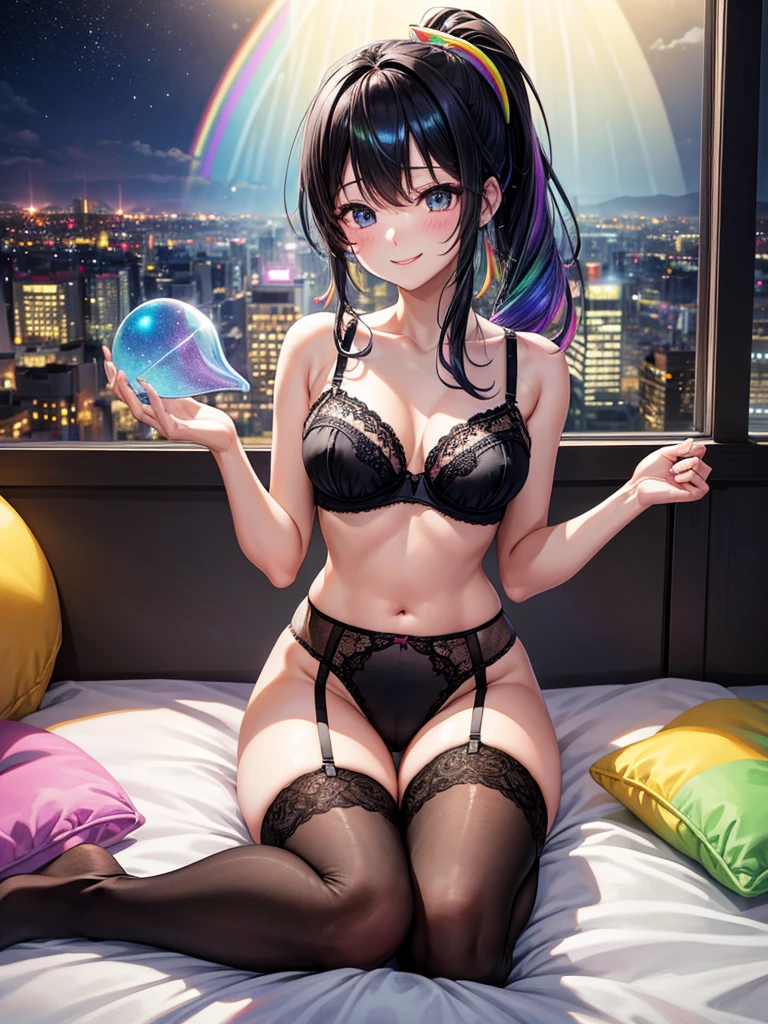 Highest quality,Highest Resolution,４K quality,Underwear looking at city night view outside large window in modern bedroom((Rainbow Gradient色))のsmileの女性の横顔,((Black hair ponytail)),Dark room,Sexy Lingerie,Many water drops on the window,garter belt,High leg,((Iridescent underwear)),Knee-high stockings,smile,Landscape,Colorful eyeballs,Small bra{((Underwear color))Rainbow Gradient,