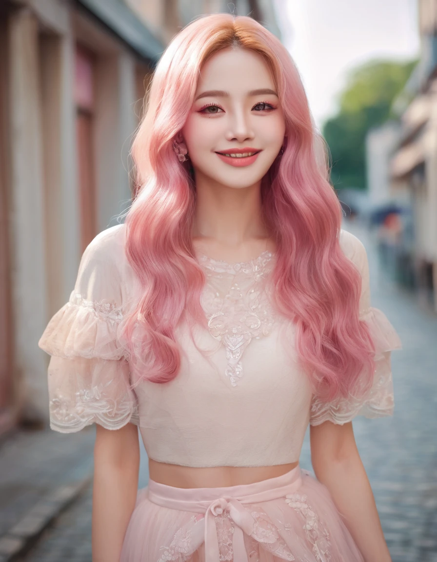 A beautiful woman with long pink hair, extremely detailed face, beautiful detailed eyes, beautiful detailed lips, longeyelashes, masterpiece, highest quality, love letter, POV, warm smile, slight blush, glowing skin, elegant pose, cinematic lighting, soft pastel colors, romantic atmosphere