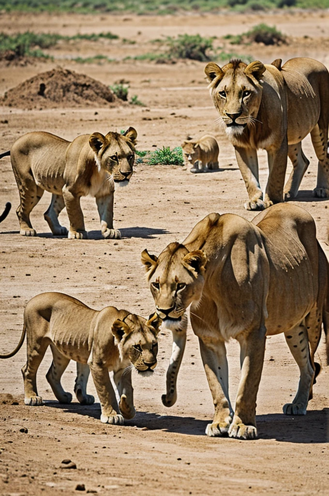 A lioness leads her cubs to water 