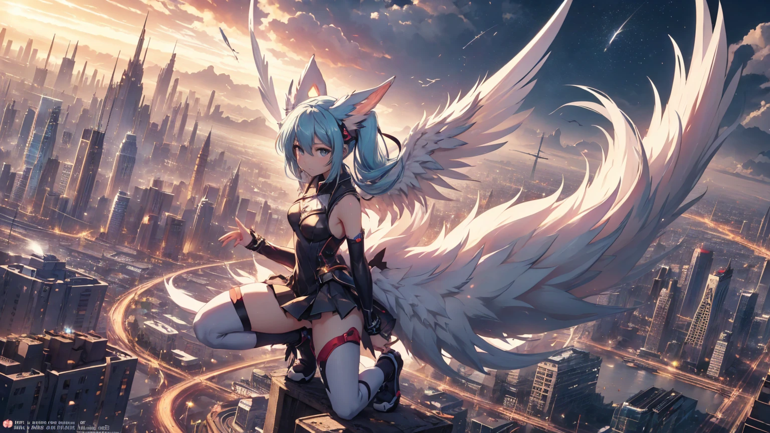 anime girl,tennage girl 18 years old, anime style, cute hatsune miku x white kitsune, shy girl , kitsune ears, dark natasha art, city landscape, art by vixen aztra, full body high definition in details the best image quality, add_detail:1 kitsune in hells add_detail:1, volando desde el cielo observa una ciudad, apunto de diaparar un rayo solar con su brazo izquierdo add_detail:1, plasma beam atack, 6 feather angel wings add_detail:1
