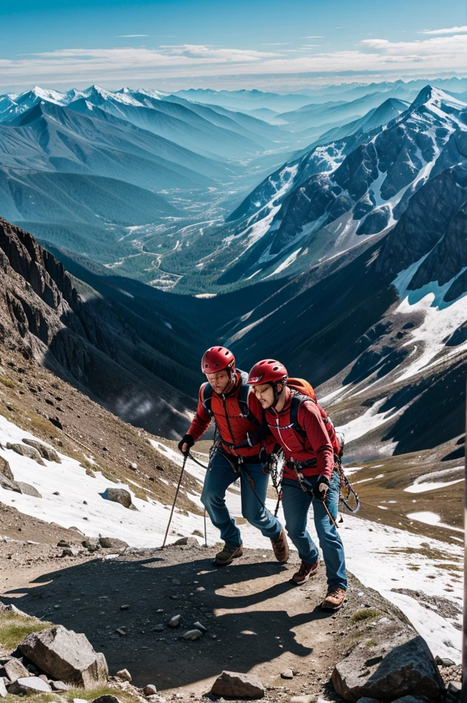 A couple climbing a mountain 