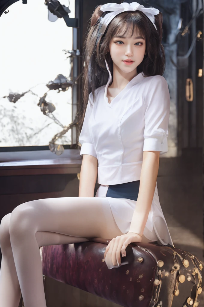 (Photoreal: 1.4), (Hyperrealistic: 1.4), (Realistic: 1.3), (Smooth Lighting: 1.05), (Improved Cinematic Lighting Quality: 0.9), 32K, 1 female, 24 year old business woman, looking at camera through buttocks with buttocks turned, realistic lighting, backlight, face lights, ray tracking, (bright lightA: 1.2), (Quality improvement: 1.4), (Quality improvement: 1.4), Fine detailed eyes, Detailed face, Fine quality eyes, Dark brown eyes, (Tired and sleepy and satisfied: 0.0), White blouse, dark blue skirt, dark brown hair, pure white silk socks, loafer shoes, (shiny smooth fabric white silk socks: 1.5), dark brown hair