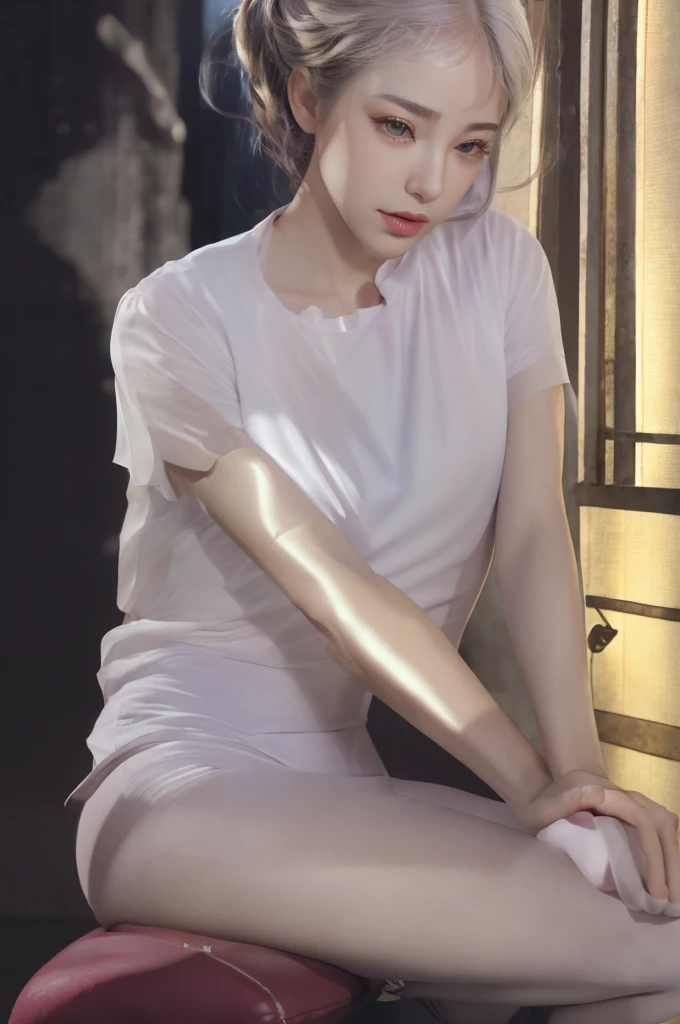 ultra realistic 8k cg, picture-perfect face, flawless, clean, masterpiece, professional artwork, famous artwork, perfect face, beautiful face, beautiful eyes, ((perfect female body)), solo,(immersive atmosphere, chiaroscuro:1.5,bright light:1.2,luminous lighting)
,,(blush:0.5),seductive expression,extremely detailed_eyes,thick thighs,large breasts,
beautifully detailed background,depth of field,realistic:1.3, long shot,1girl,shirt,pleated skirt, , sitting, full body, 
(ambient light:1.3),(cinematic composition:1.3),(neon lights:0.1),(HDR:0.1),Accent Lighting, white pantyhose,   