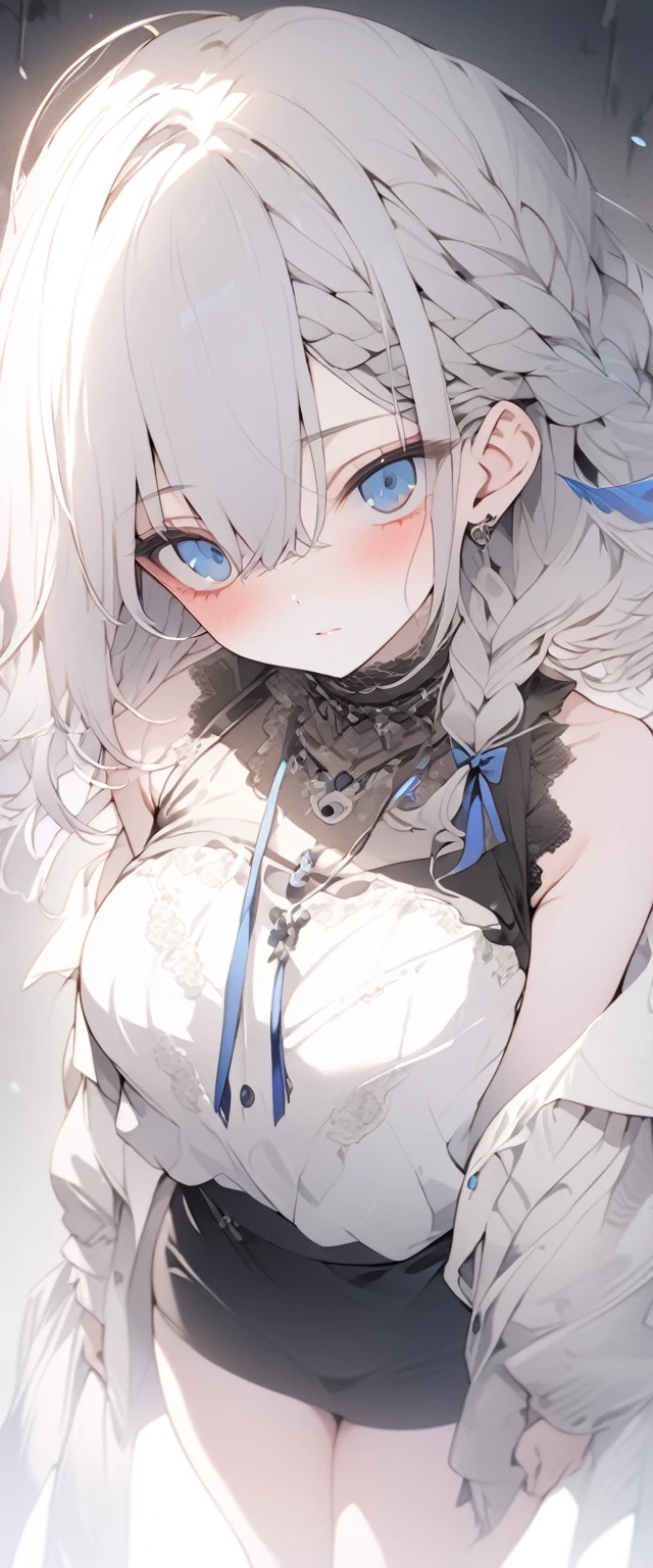 beautiful, masterpiece, Highest quality, anime, One girl, C Cup,Portrait Shot, View your viewers, Covered、Medium Hair、nearby、Blue Eyes、art、、White hair,Blue streaked hair, dead eyes、Dark atmosphere、Thighs、Braid、Coordination