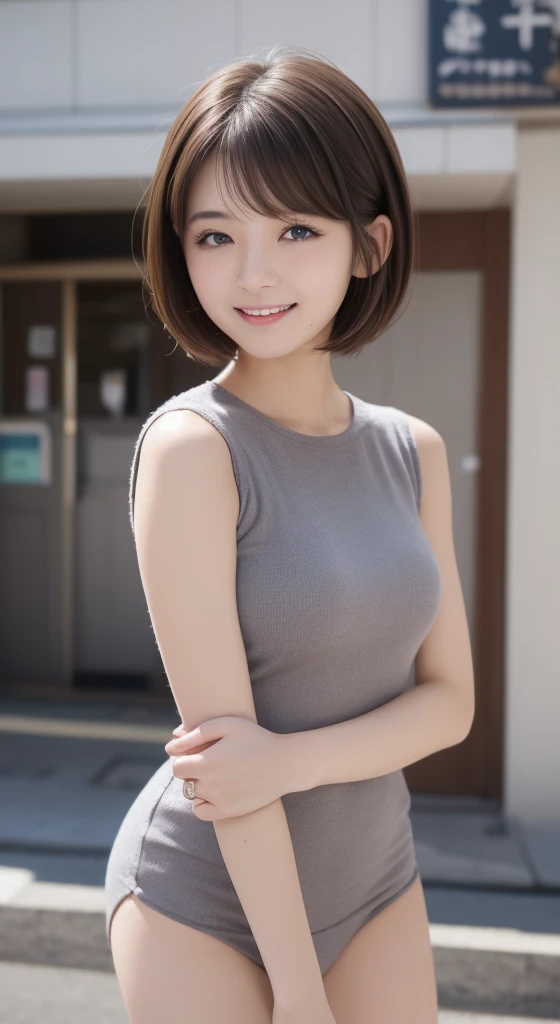 young,short hair,droopy eyes,brown hair,short bangs,alone,high quality,beautiful skin,japanese,brown short sleeve dress,park,smile