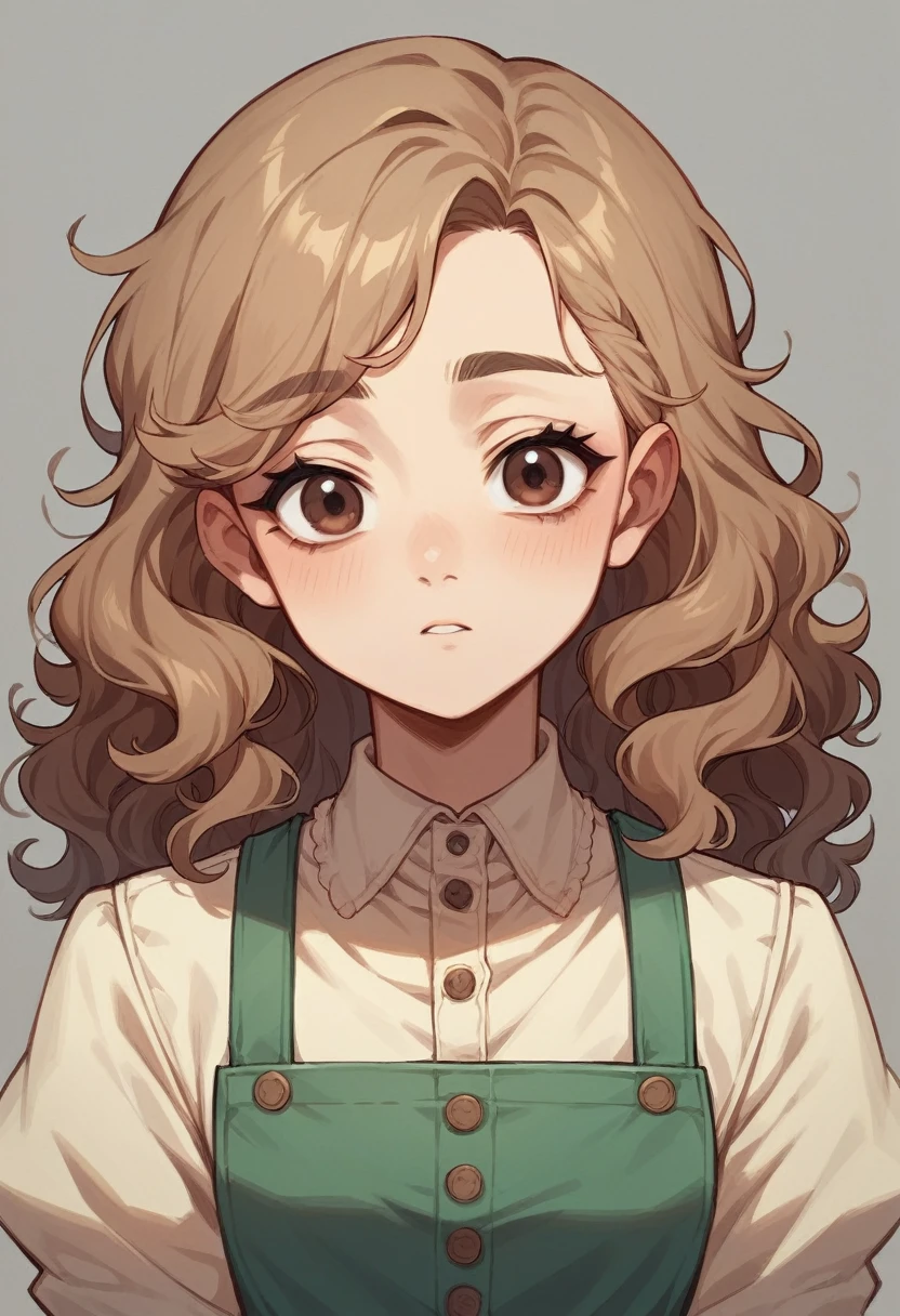 Make me a blythe doll that has black and wavy hair, with straight fringe a few centimeters above the eyebrows, dark brown eyes, straight and thin eyebrows