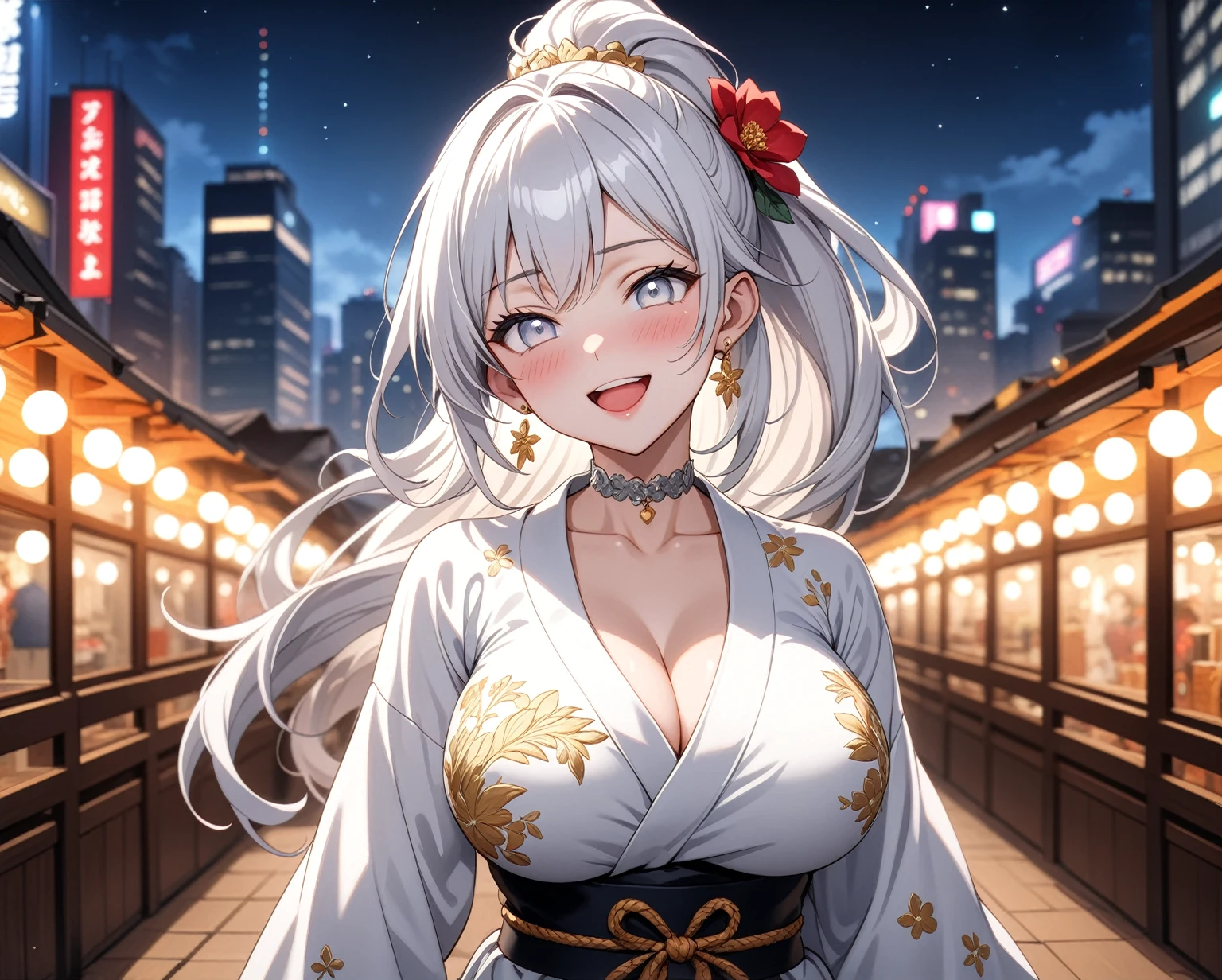 ((One personの女性)), Beautiful Face, Laughing embarrassedly, (laugh:1.2),((Wink:1.9)), (head tilt:1.3), Laugh with your mouth wide open, upper teeth, looking at viewer, ((full-face blush:1.6)),Glossy Red Lips, night, Skyscraper rooftop, firework, Glossy red lips, Shining Face, ((Anime style background)),masterpiece, Highest quality, so beautiful,up to date, Complex details, (Pink long nails),(ring),(bracelet),(Floral choker),AI-generated, Complex,High resolution, Highest quality, super high quality,3D Images、3D Images, One person, Long white hair, High Ponytail, Anime woman posing for a photo, (blue eyes), ((Fine grain、Silvery white, lightly pigmented eyes、Shining Eyes:1.5)), (Squint your eyes:1.1),a hyperRealistic , hyperRealistic , Realistic,Anime woman with long white hair, Smooth anime CG art, (A woman in a colorful kimono with gold embroidery), ((Black long sleeve kimono)),(Red floral pattern),Long flower hair ornament,Earrings,Mature Body,(Big Breasts:1.1),Tall,Abdominal muscles,Tight waist,(face focus:1.3), (front view),