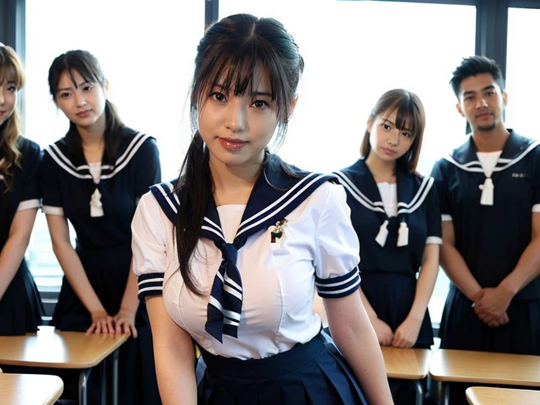 8K、High resolution、Highest quality、High resolution、Age 20 years old、Japanese women、３People Women、３Taking a commemorative photo with people、Natural body shape、White skin、Natural Makeup、((Black Hair、bangs、Straight Long Hair))、(((Japanese Sailor Suit)))、((school uniform 、white short sleeve sailor uniform))、((Navy blue pleated skirt))、(Big Breasts:1.3)、((The upper body is wearing a uniform))、(((((Looking into the camera)))))、(((From head to shin３Portrait of a person)))、(((Exposing your thighs)))、In the classroom、Sit on a chair、((Focus on the crotch))、