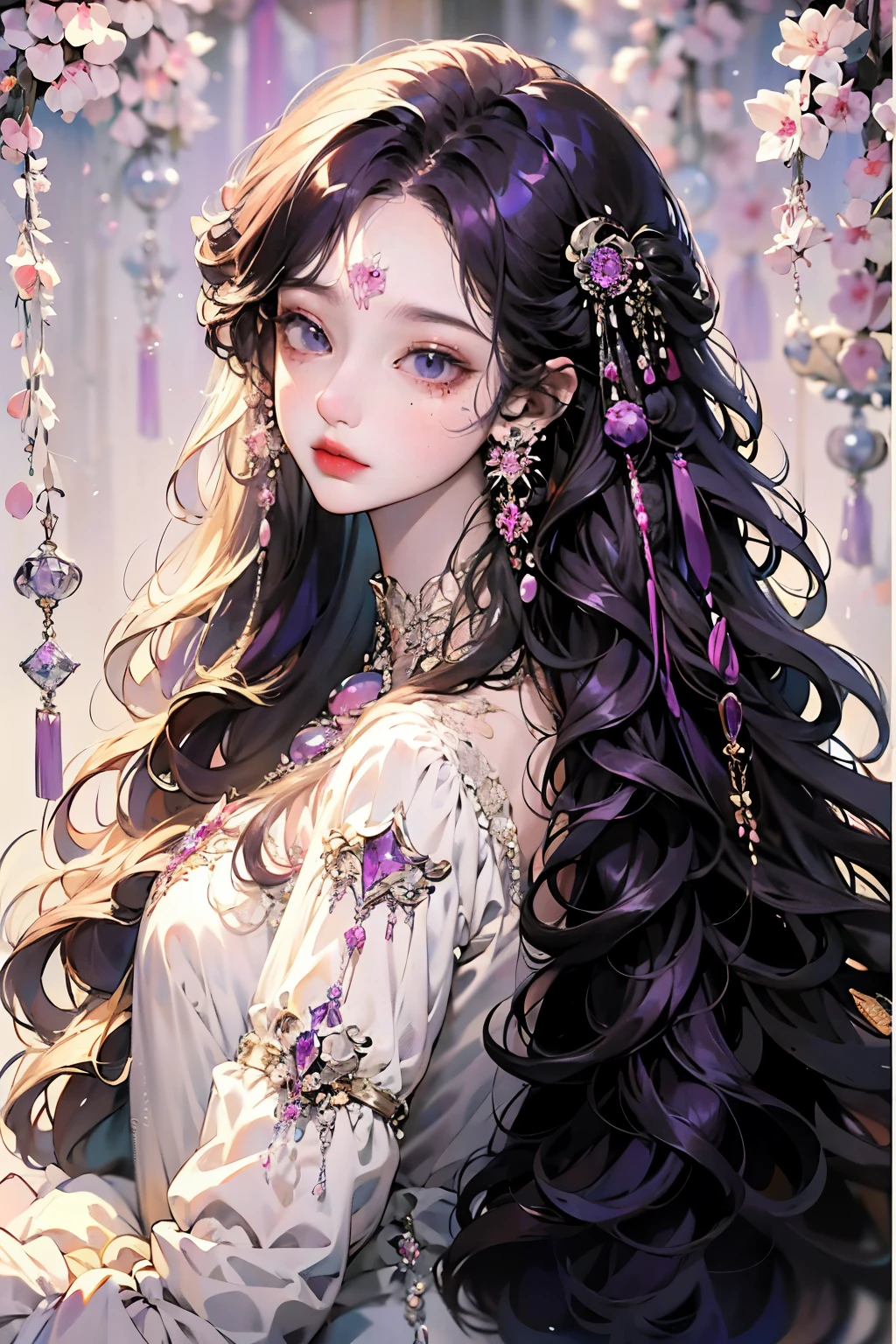 Anime girl sit posing for photo with long purple hair and earrings, an anime drawing inspired by Yanjun Cheng, Pisif, Fantasy art, purple flowing hair, Long curly purple hair, Guviz, a beautiful anime portrait, Guviz-style artwork, in the art style of bowater, Anime girl with long hair, purple wavy hair, Beautiful anime style