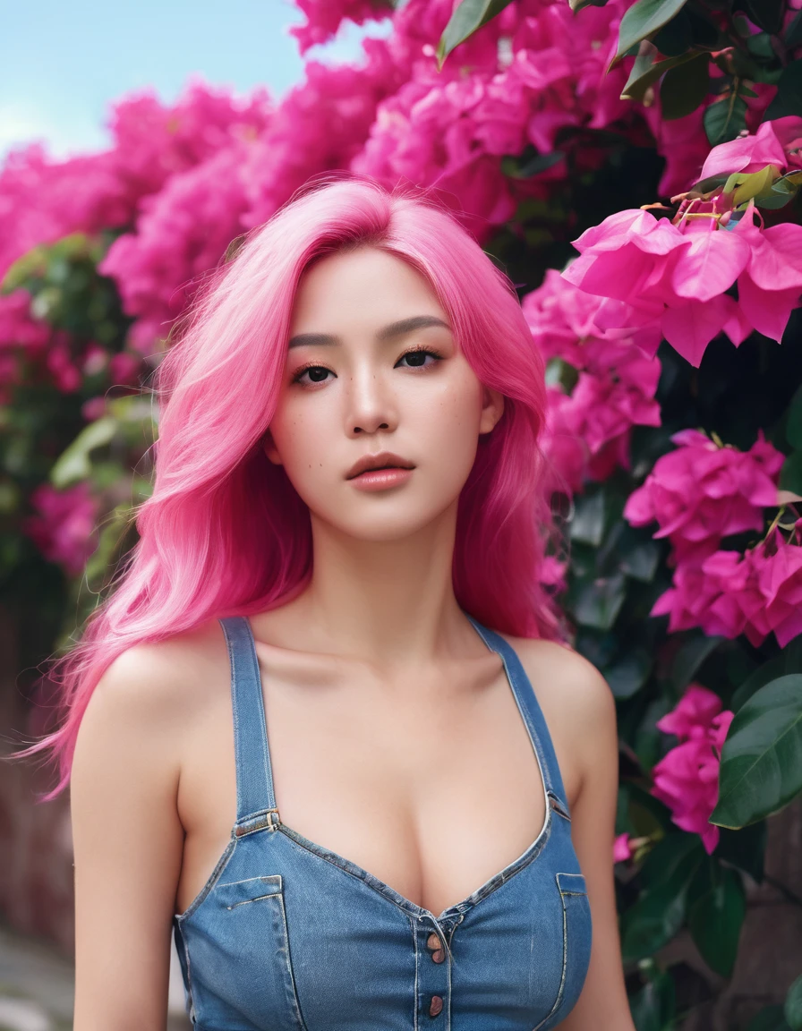 (highly detailed body, highly detailed face, best quality:1.2) ,A Woman, with long pink hair, look away from viewer, side poses,(Pink bra, denim shorts ), (Pink bougainvillea mess in background:1.4), dynamic poses,far away shot, 16K, photorealistic, UHD, RAW, film grain
