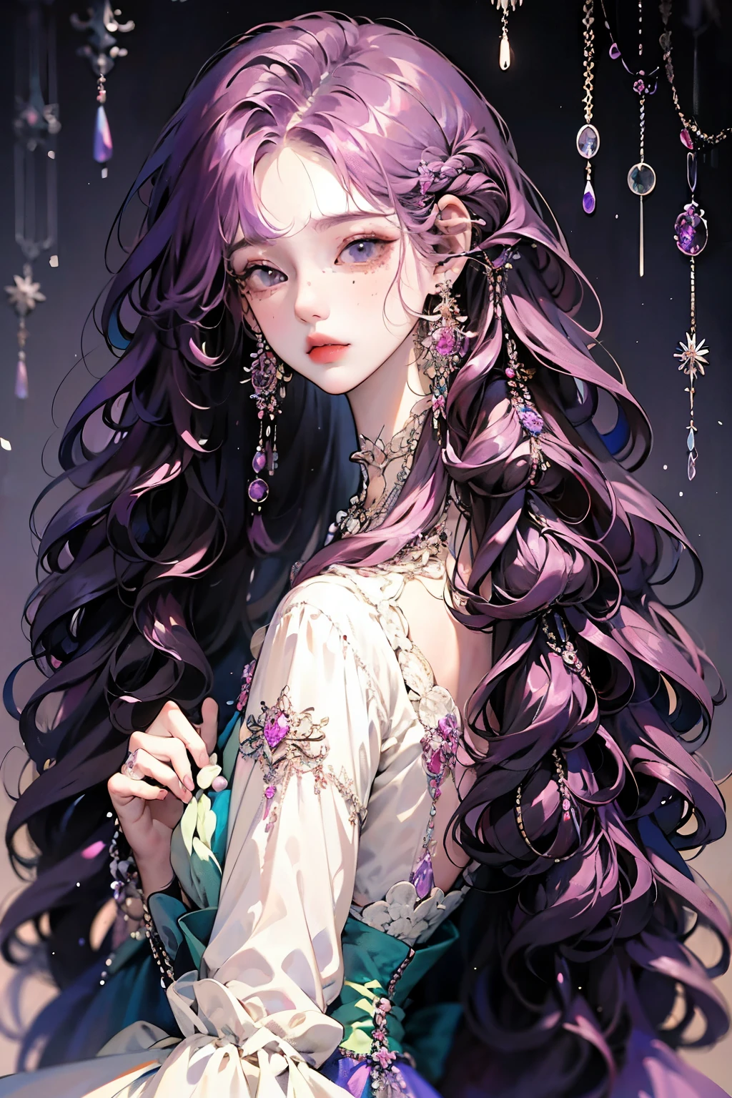 Anime girl sit posing for photo with long purple hair and earrings, an anime drawing inspired by Yanjun Cheng, Pisif, Fantasy art, purple flowing hair, Long curly purple hair, Guviz, a beautiful anime portrait, Guviz-style artwork, in the art style of bowater, Anime girl with long hair, purple wavy hair, Beautiful anime style