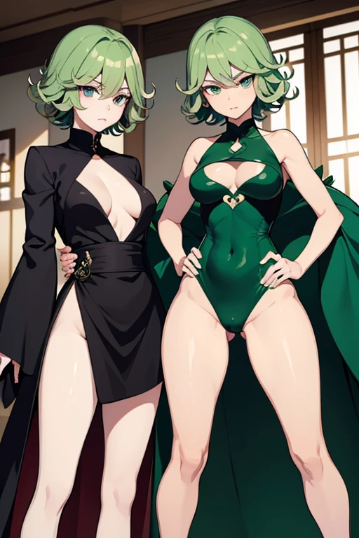 Tatsumaki is a 28 year old woman., Despite his youthful appearance, He has an energetic and slender body. His figure is quite small, with a thin body on top, but slightly thicker at the bottom. He has a flat chest, wide hips and big thighs, which gives it a very feminine appearance. Her hair is emerald and her eyes are also the same tone.. when he gets angry, her hair starts to shine brightly. She usually wears a tight black dress that highlights her curves and shows off her long legs.. Her legs are one of her most notable features., since they are long and elegant. In general, Tatsumaki has a powerful and attractive appearance that reflects his dominant personality..