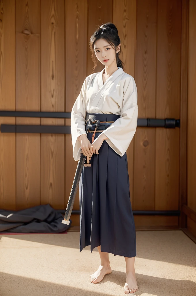 (((best quality))),(((ultra detailed))),(((masterpiece))),illustration,1girl,solo,short ponytail,slim,thin,small breasts,flat chest,white collar,white kendogi,three-quarter sleeves,maxi navy-blue kendo hakama,slender legs,standing in kendo gym,(holding a wooden samurai katana in hand:1.3),arms behind back,focused and determined expression,ready for challenge,slender and elegant face,confident and resilient,fair skin,blush,neat teeth,bright smile,clean and tidy uniform,wooden gym floor,wall,pine scent,standard grip,ready to slice through obstacles,strong belief,determination,spirit of resilience,admiring,from front,full body,bare feet