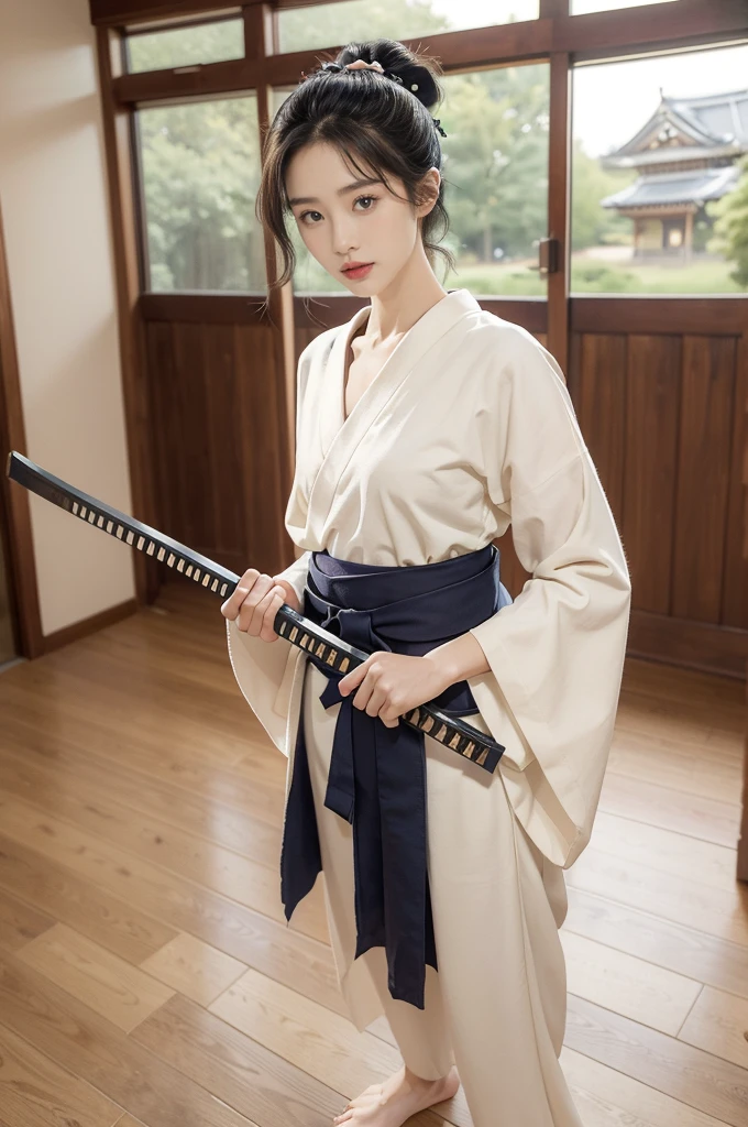 (((best quality))),(((ultra detailed))),(((masterpiece))),illustration,1girl,solo,short ponytail,slim,thin,small breasts,flat chest,white collar,white kendogi,three-quarter sleeves,maxi navy-blue kendo hakama,slender legs,standing in kendo gym,(holding a wooden samurai katana in hand:1.3),arms behind back,focused and determined expression,ready for challenge,slender and elegant face,confident and resilient,fair skin,blush,neat teeth,bright smile,clean and tidy uniform,wooden gym floor,wall,pine scent,standard grip,ready to slice through obstacles,strong belief,determination,spirit of resilience,admiring,from front,full body,bare feet