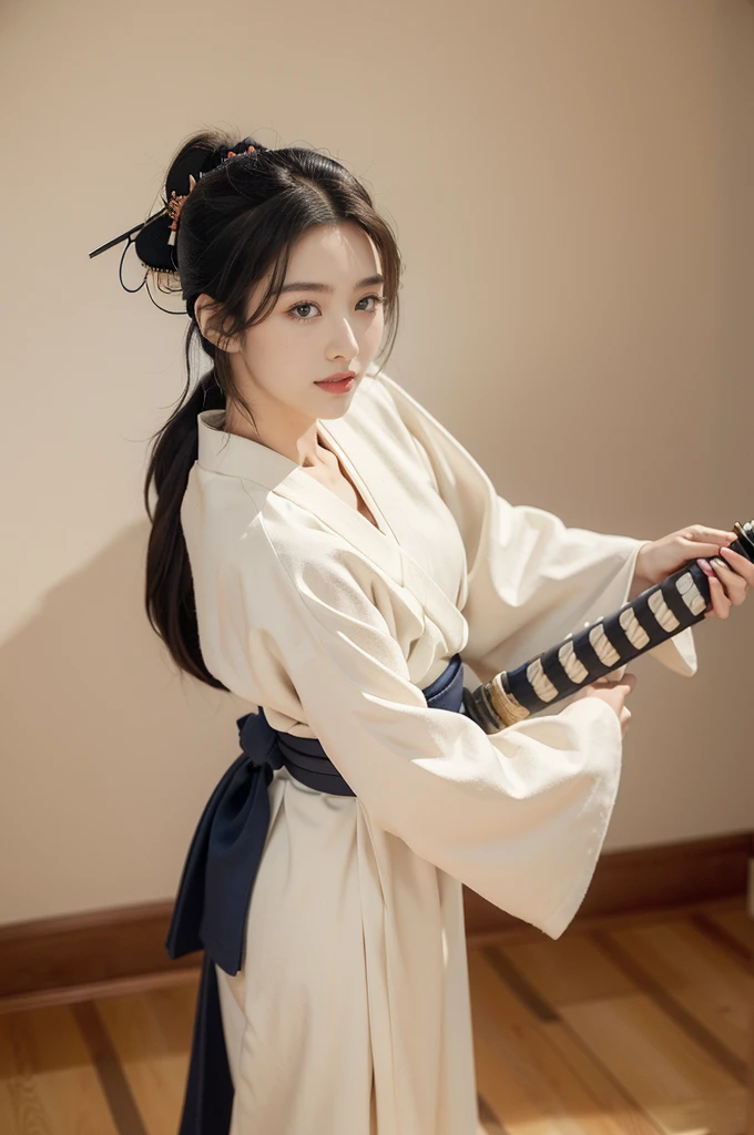 (((best quality))),(((ultra detailed))),(((masterpiece))),illustration,1girl,solo,short ponytail,slim,thin,small breasts,flat chest,white collar,white kendogi,three-quarter sleeves,maxi navy-blue kendo hakama,slender legs,standing in kendo gym,(holding a wooden samurai katana in hand:1.3),arms behind back,focused and determined expression,ready for challenge,slender and elegant face,confident and resilient,fair skin,blush,neat teeth,bright smile,clean and tidy uniform,wooden gym floor,wall,pine scent,standard grip,ready to slice through obstacles,strong belief,determination,spirit of resilience,admiring,from front,full body,bare feet