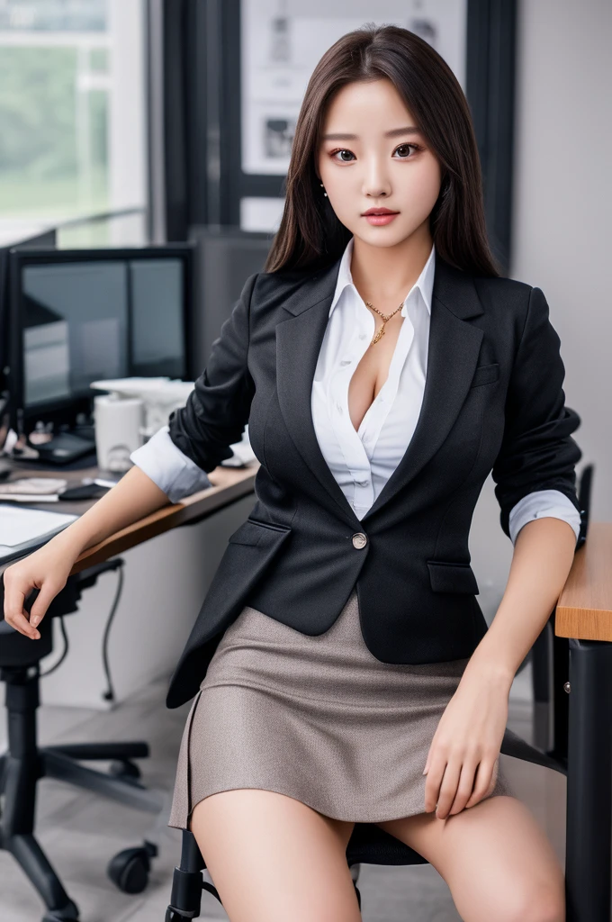 a 20 year old face of the most beautiful actress in the world, the perfect body proportions of a female, blazer is firmly worn on formal shirt which is covering whole upper body of a female, sitting on a chair with spread legs, female vagina which is naked under short skirt is clearly seen, detailed genitalia of the female lower body, in the office, nsfw, best quality, highly detailed, masterpiece, ultra high res, photo realistic, 8k, one female
