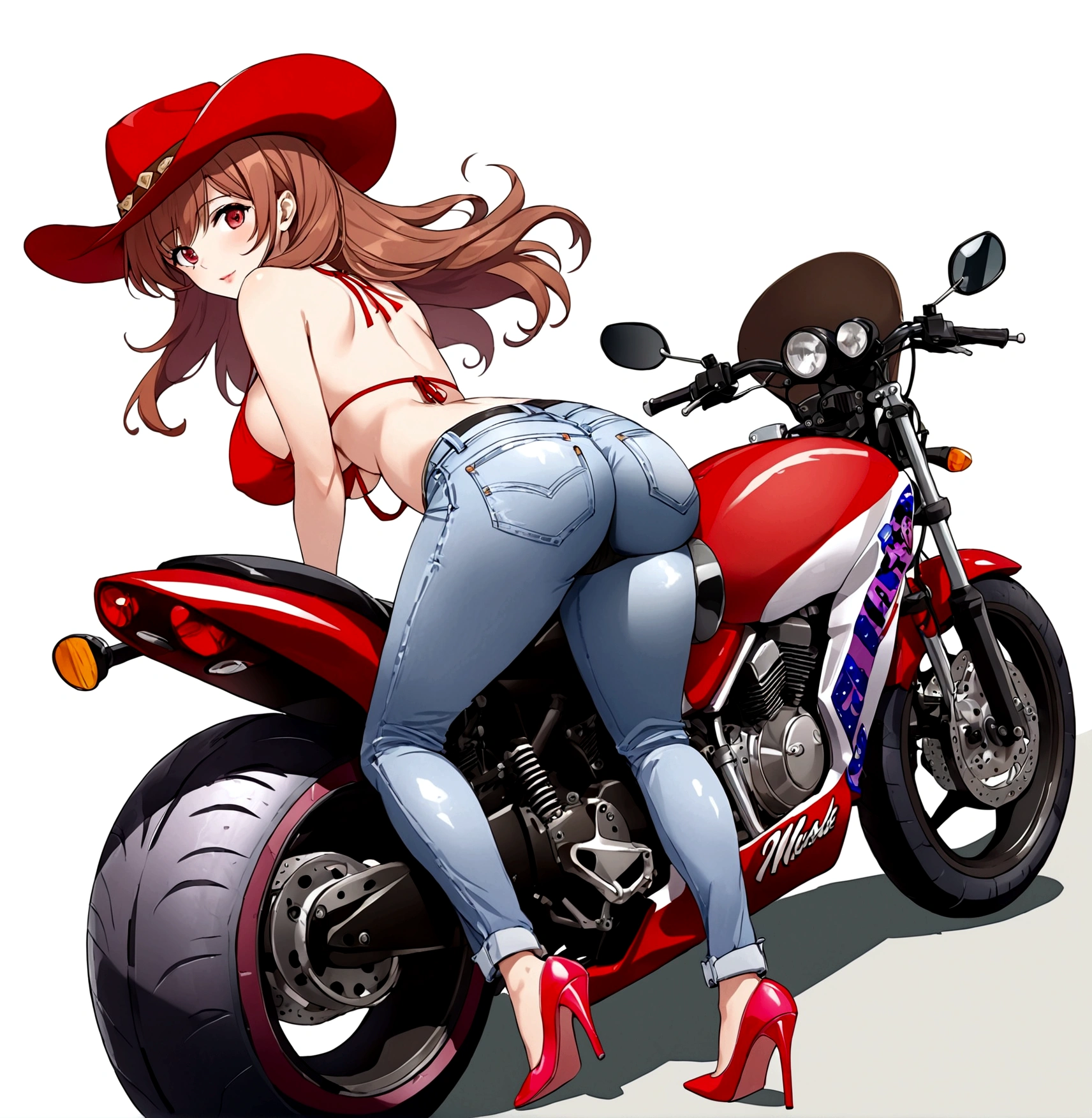 1girl, solo, long hair, breasts, looking at viewer, large breasts, simple background, brown hair, hat, white background, swimsuit, ass, bikini, looking back, pants, high heels, sideboob, underboob, denim, ground vehicle, bikini top only, motor vehicle, red bikini, jeans, motorcycle, cowboy hat