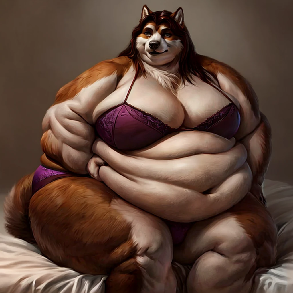 Wolf, female, long hair, huge belly, morbidly obese, fat arms, fat legs, saggy breasts, belly overhang, fat calves,fat neck, chubby cheeks, double chin, corpulent, massive body, gorgeous, beautiful, eyelashes,fat body, corpulent, wobbling , realistic