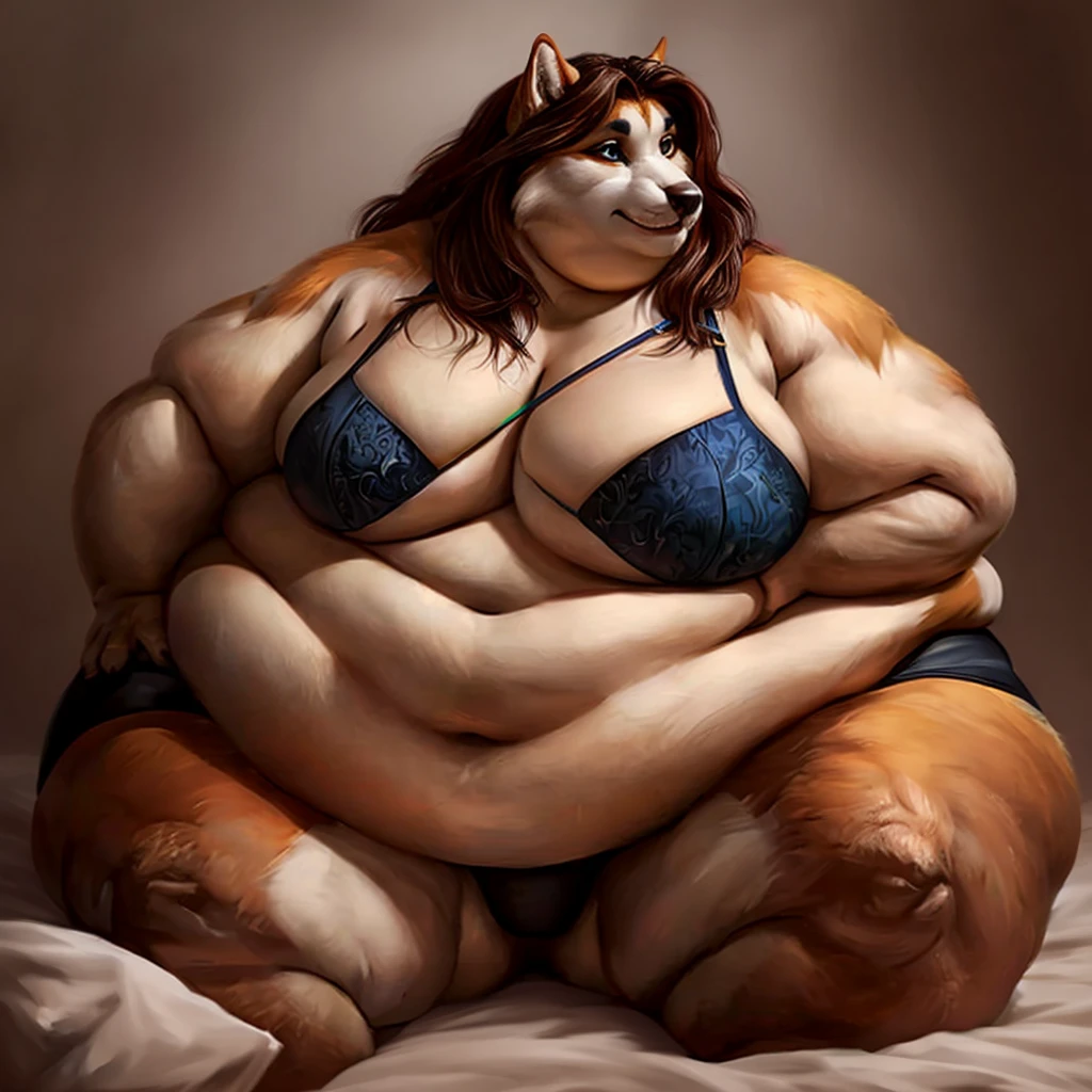 Malamute ,female, long hair, huge breasts, huge hips, huge thighs, plump, voluptuous, morbidly obese, fat arms, fat legs, belly rolls, gorgeous, beautiful, eyelashes, feminine, realistic, huge body, corpulent, massive silhouette, feminine,fat arms, fat legs,fat rolls, saggy breasts, chubby cheeks, double chin , belly overhang, flabby ly ,fat face,underwear, bra,panties, realistic , gorgeous, beautiful, eyelashes ,cute, sitting in bed,fat neck