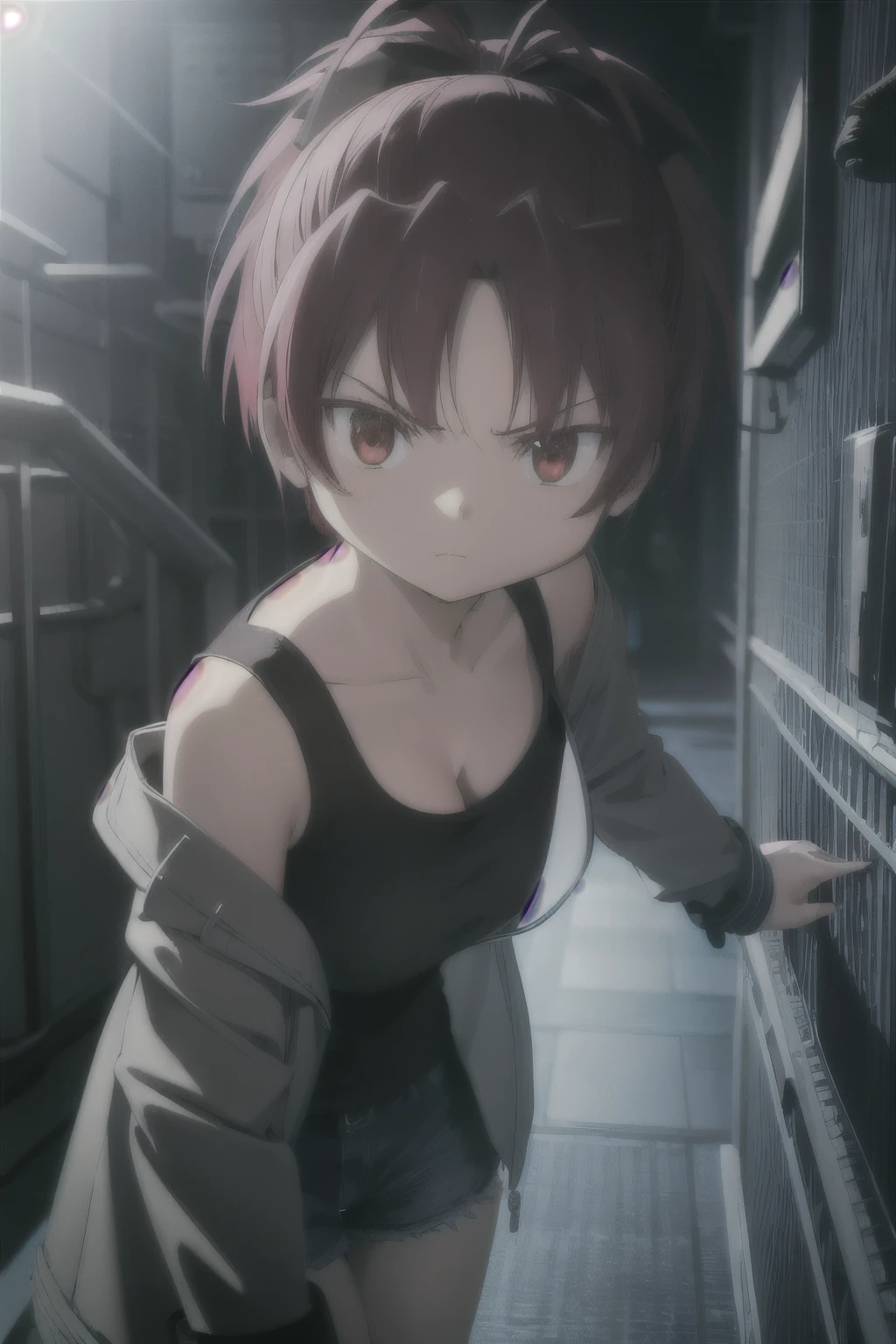 1woman, short red hair, red eyes, serious expression, tomboy, big breasts, athletic, wearing black sci fi coat, tank top, isolated on completely pitch black background, absurdres, high res, ultrasharp, 8K, masterpiece, looking at viewer, HDR, sci-fi, professional, vivid colors, sharp focus, studio lighting, absurdres, bokeh, static