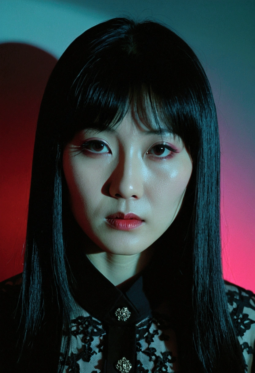realistic, Analog style, vhs style, 8mm film, chromatic aberration, Dvd screengrab, 80s movie, cinematic lighting, Yumi tsu, Live portrait photography, Contemporary photography, in the style of gothic dark intensity, snapshot aesthetic, light black, chinapunk, slender, karencore, high details, realsitic shadow, in motion, film still. By DL 🤖