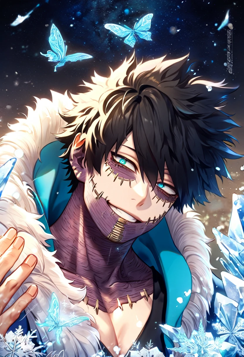 absurdres, highres, ultra detailed, HDR, master piece, best quality, extremely detailed face, delicated features, Dabi, black hair, expressive turquoise eyes, Boku No Hero Academia, sexy man, solo, handsome, smiling, blue jacket with fur, black shirt, fantasy, magical, ice, ice butterflies, snowflakes, starry night