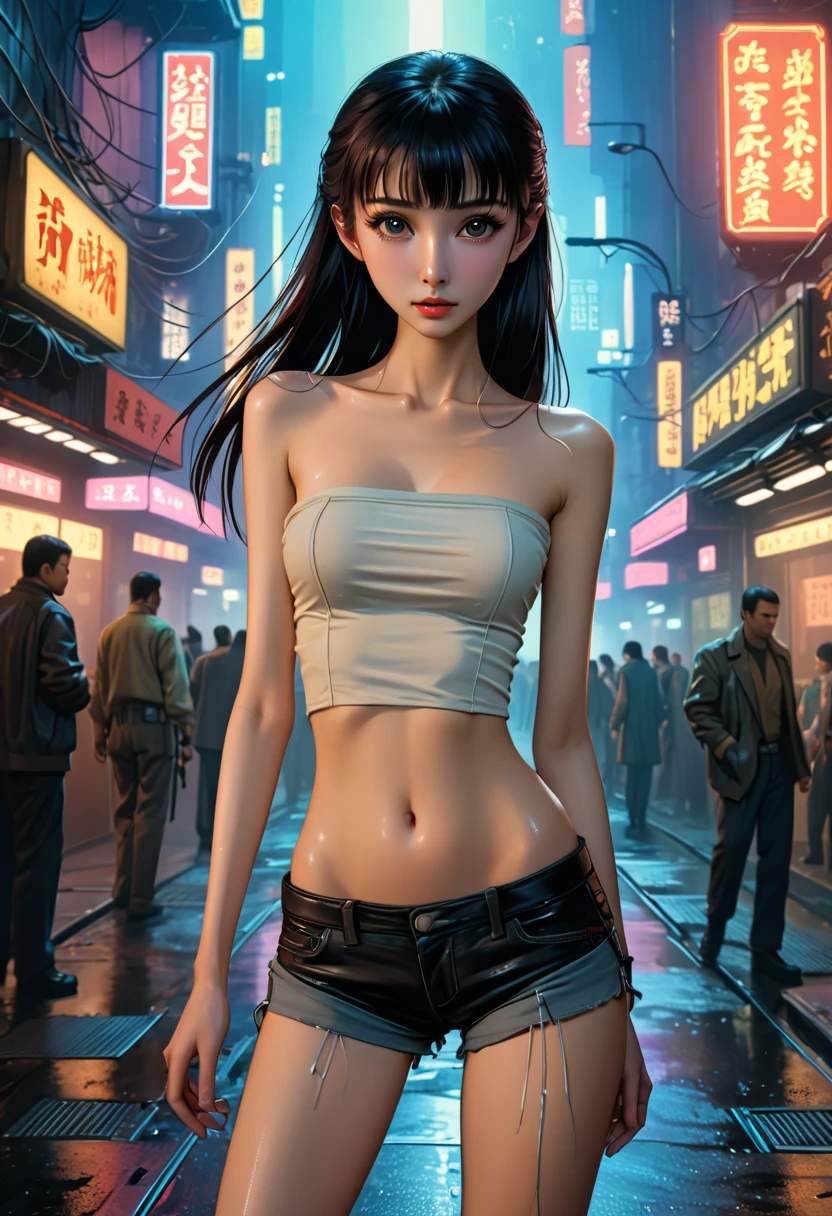 ((masterpiece,Highest quality:1.3)), 8k wallpaper、cowboy shot,1woman、20 year old beauty、独奏,((very small head:1.5)),black hair,long hair,bangs,black eyes,gorgeous eyes,shy,medium breasts,((very long body:1.3)),(toned body,slender body,skinny),gleaming skin,shiny skin,oily skin,(Tube top shirt、Micro Shorts、on street,Metropolis、World of Blade Runner