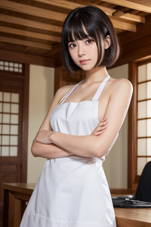 1 woman,short hair,black hair,Droopy eyes,Single,thick eyebrows,pov face,24-years-old,Type A,Childhood friend,japanese,Cross your arms,Naked Apron,{Hairy pubic hair},{huge public hair},standing,Break masterpiece masterpiece masterpiece,best quality best quality best quality,super fine illustration,8K,8K quality,super detailed,detailed background,law angle,BreakOtaku's room,detailed background,best quality,masterpiece