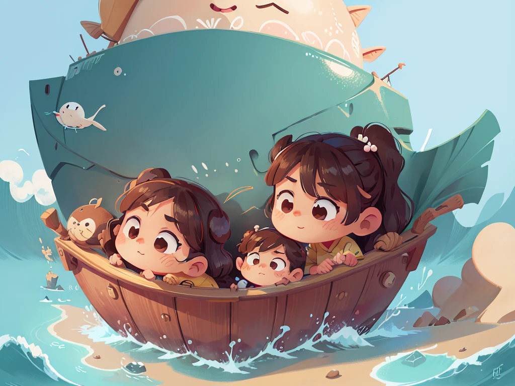 卡通Boat,Surrounded by beautiful sea,This illustration is a 4K high-definition illustration,The facial features are rich in detail,Cartoon Style,Cartoon Animals 1.5,卡通Boat,Boat,The details are clear,