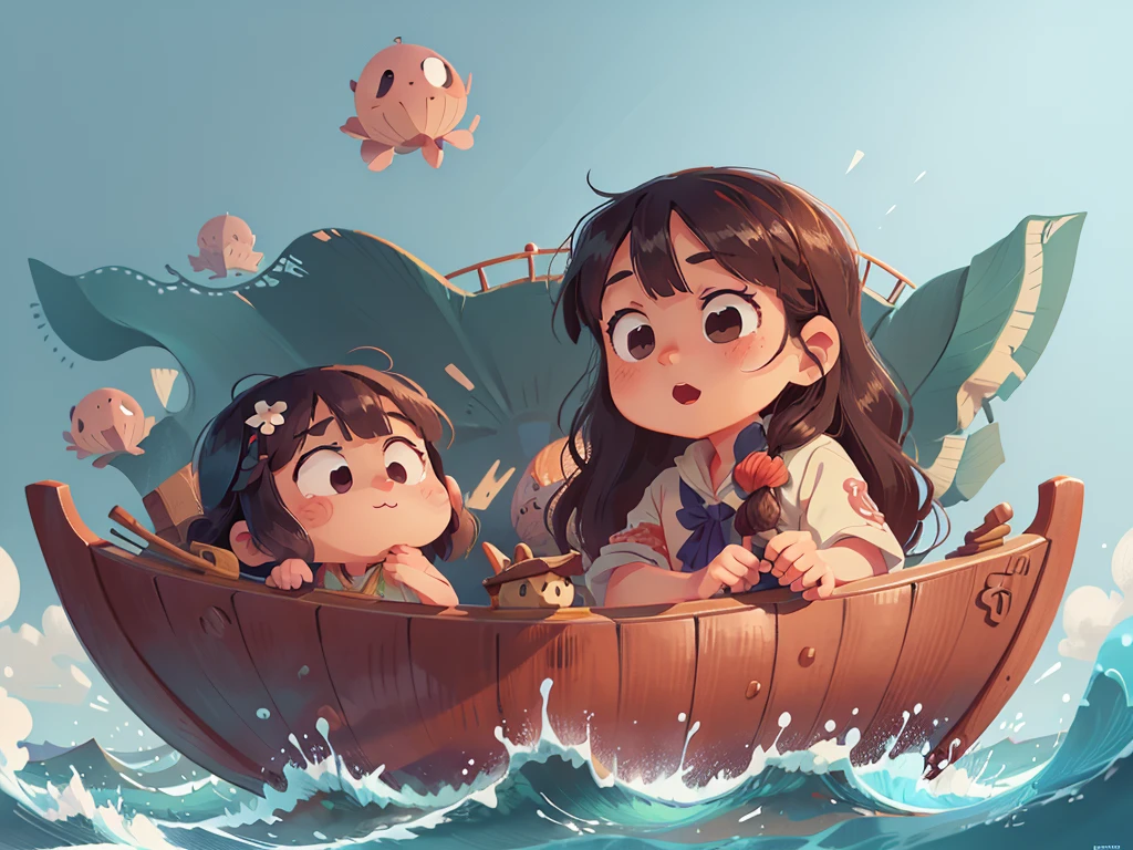 卡通Boat,Surrounded by beautiful sea,This illustration is a 4K high-definition illustration,The facial features are rich in detail,Cartoon Style,Cartoon Animals 1.5,卡通Boat,Boat,The details are clear,