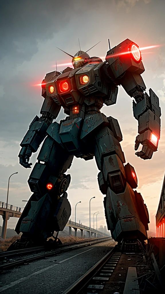 An mecha, on an abandoned bridge, in the background a post apocalyptic scene, Shawn Levy style, 8k image, vfx effects, high detail, focused image, high level of detail, black with red, cinematic scene. Perspective view, fighting scene