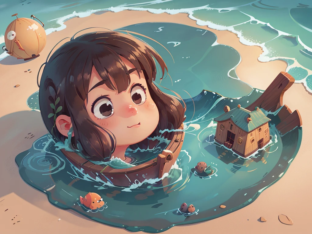 Tip: A very charming little girl in a swimsuit enjoying a lovely summer season surrounded by crystal clear sea and nature. The illustration is a high-definition illustration in 4K resolution with highly detailed facial features and cartoon-style visuals.