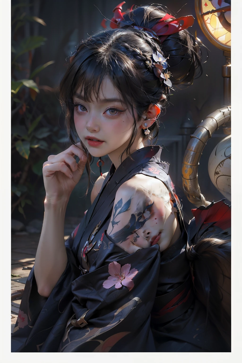 1 beautiful and seductive female devil, In the Dark: 1.6), surreal female portrait by David Hockney and Alphonse Mucha, fantasy art, korea doll, Photorealism, dynamic lighting, artstation, posters, volumetric lighting, very detailed faces, 32k ultra, all body, Awarded, in the dark, deep shadow, low key, cowboy lens, (japanese kimono dress: 1.4), long hair, brown colored hair, bust, luxurious palace, Royal style, devil  crown, The most beautiful face, small breasts, Super realistic, japanese women's clothing thin yukata, Guweiz, devil style, loong, forehead mark, upper body, 2 bangs braided hair,Devil tattoo on shoulder,Slim figure,Leaner figure,Slim legs and hips,Awesome expression,Behind the smile lies a heart full of terrible, cruel emotions.,Hairstyles that go well with Japanese kimonos,Pull the hair up behind the ears and leave some loose hair.,The uniform color is the traditional indigo blue.,Exposing the shoulders and exuding a seductive feminine charm,Tie your hair up,Kimono with indigo or deep ultramarine coloring,Small, inconspicuous tattoos,