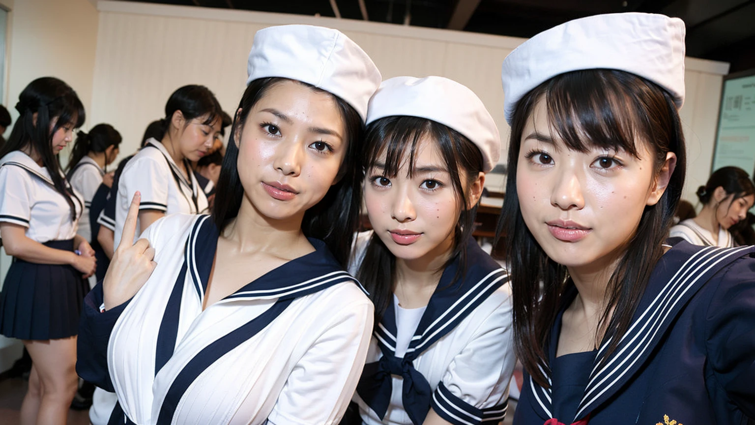 8K、High resolution、Highest quality、High resolution、Age 20 years old、Japanese women、3People Women、3Taking a commemorative photo with people、Natural body shape、White skin、Natural Makeup、((Black Hair、bangs、Straight Long Hair))、(((Japanese Sailor Suit)))、((school uniform 、white short sleeve sailor uniform))、((Navy blue pleated skirt))、(Big Breasts:1.3)、((The upper body is wearing a uniform))、(((((Looking into the camera)))))、(((From head to shin3Portrait of a person)))、(((Exposing your thighs)))、In the classroom、Sit on a chair、((Focus on the crotch))、White socks、(((Small size pure white panties)))