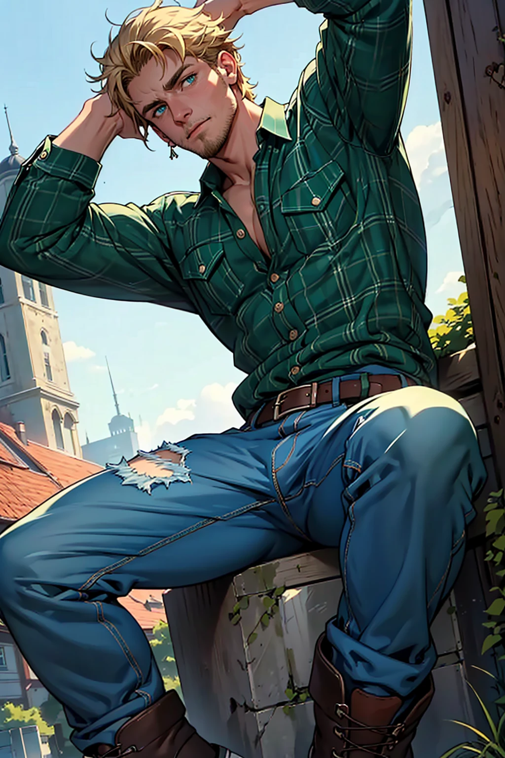 (masterpiece:1.2), (best quality), (ultra detailed), (8k, 4k, intricate),(full-body-shot:1), (highly detailed:1.2),(detailed face:1.2), (detailed background),detailed landscape, (dynamic angle:1.2), (dynamic pose:1.2), a caucasian male wearing country clothing that stands at 6'1"ft, 180lbs.
Has a medium build with a bit of muscle, shaggy blonde hair, emerald blue green eyes, a bit of stubble.
And mostly dresses up in casual attire, red or blue plaid shirt, baggy jeans, old work boots.
