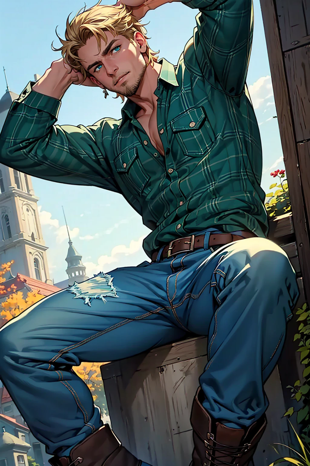 (masterpiece:1.2), (best quality), (ultra detailed), (8k, 4k, intricate),(full-body-shot:1), (highly detailed:1.2),(detailed face:1.2), (detailed background),detailed landscape, (dynamic angle:1.2), (dynamic pose:1.2), a caucasian male wearing country clothing that stands at 6'1"ft, 180lbs.
Has a medium build with a bit of muscle, shaggy blonde hair, emerald blue green eyes, a bit of stubble.
And mostly dresses up in casual attire, red or blue plaid shirt, baggy jeans, old work boots.