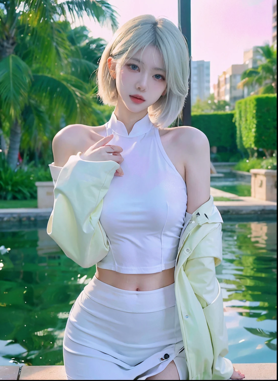 Beautiful woman with perfect figure:1.4，Swimming background，Desert Background，Ultra-high resolution，Seductive laughter，wear glasses，White legs，（lifelike：1.4），Layered Hairstyle，White皮肤，Black mini pleated skirt，whole body，Very delicate face and skin texture，Double eyelids，Skin Whitening，Long hair，White hair，White，