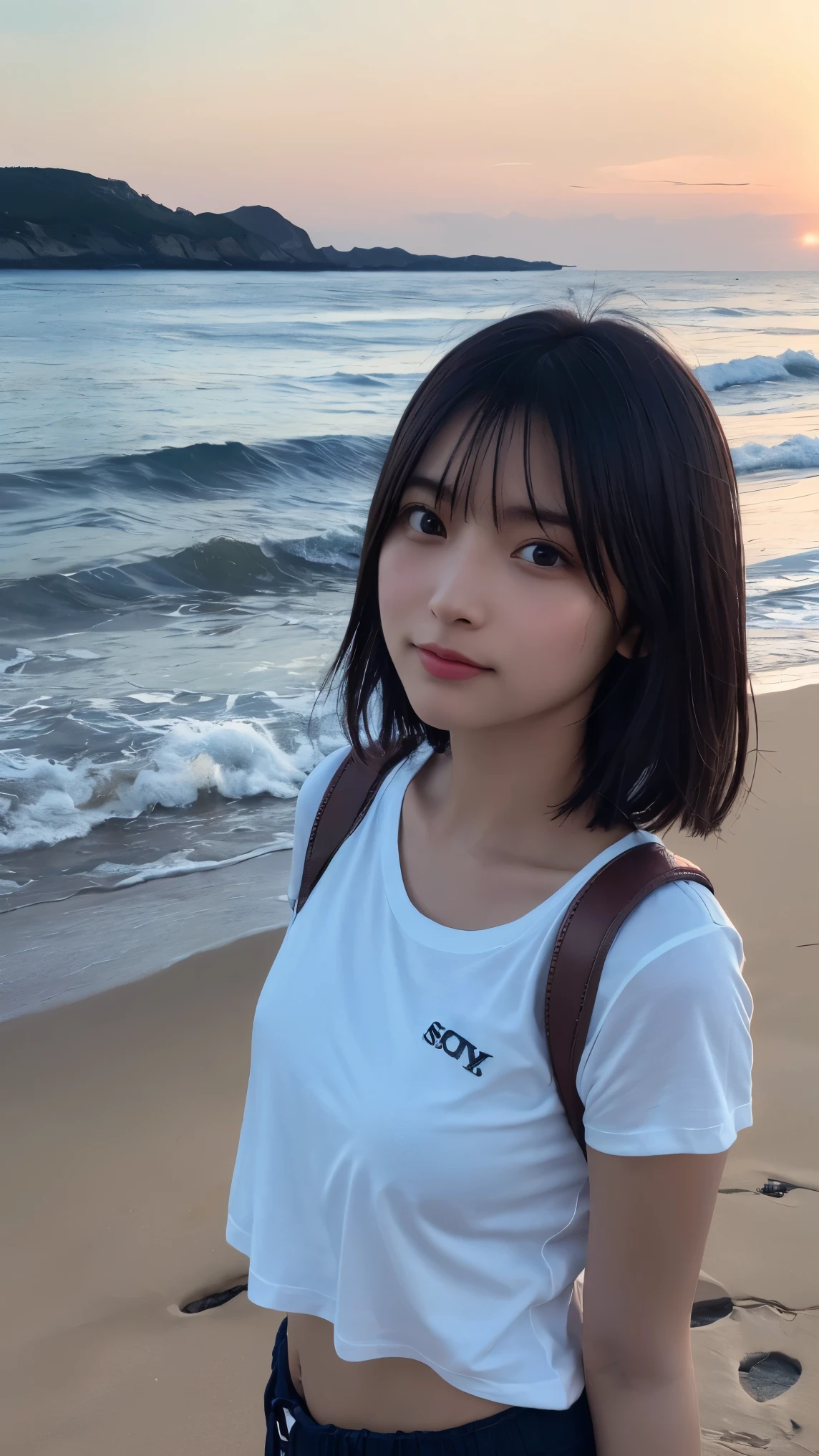 Highest quality, masterpiece, Ultra-high resolution, (Realistic:1.3), RAW Photos, (Nature landscape photography), (Majestic Ocean, Wave), (A very wide beach), (sunset), (One girl), (Upper Body), (20-year-old), (smile:0.9), (Shiny skin), (short hair, Dark brown hair), (White T-shirt), (Casual shorts), (Carry a large backpack on your back), (Ultra detailed face), (Super beautiful poop), (Highly detailed eyes), (Highly detailed nose), (Highly detailed mouth), (Very skilled hands), (Super-detailed body), Sony a7, 85mm lens, f9.0, Pan Focus