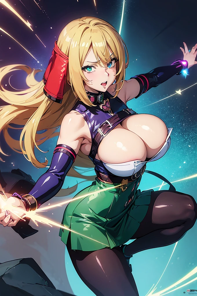 8K(Anime style face:1.7)woman,Huge boobs,very red lips,Emphasis on huge breasts,Big Ass,Thin waist long legs,Green Eyes, Emphasis on huge breasts,Greenish blue eyed blonde police officer,mini skirt(Purple light-up)(Triumphant Face:1.5), The face we're looking for,8K(A kind smile) The facial expression is good,Naughty,Your clothes are torn,Pole Dance Room:1.3,A soft smile with slightly red cheeks