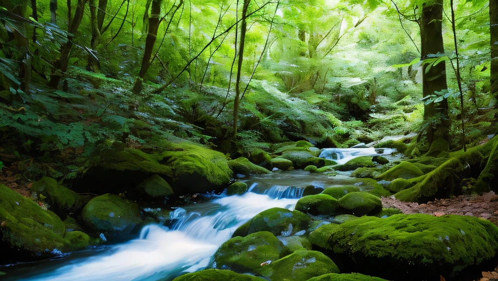 A creek in the forest,crystal clear,The sound of water flowing softly