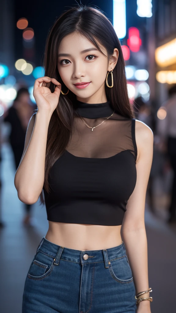 8K, masterpiece, Raw photo, highest quality, realistic, Highly detailed CG Unity 8K wallpaper, Depth of written boundary, cinematic light, Lens flare, ray tracing, (very beautiful face, beautiful lips, beautiful eyes), face with intricate details, ((super dense skin)) 1 girl, in the dark, deep shadow, cute korean girl, K-POPアイドル, 1 girl, (very slim slender fit-muscled body:1.3), ((looking at the viewer)),(大きなsmile:1.3), (Tight Race Blouse), (hot pink blouse), (sleeveless) , (fashion city night, dark night, (neon sign), (blurred background), fashion street night),(with no people in the background:1.3), beautiful earrings, bracelet, necklace, clear eyes, (white skin), (Big eyes), I&#39;looking forward to it, ((upper body shot)), ((white panties)),(brown hair), (looking at the viewer:1.3) open chest, very slim, , return, buckshot,smile , (white mesh panty,lower body panties、The lower body is in underwear:1.25),stand up straight、upper body photo、short cut hairstyle、smile