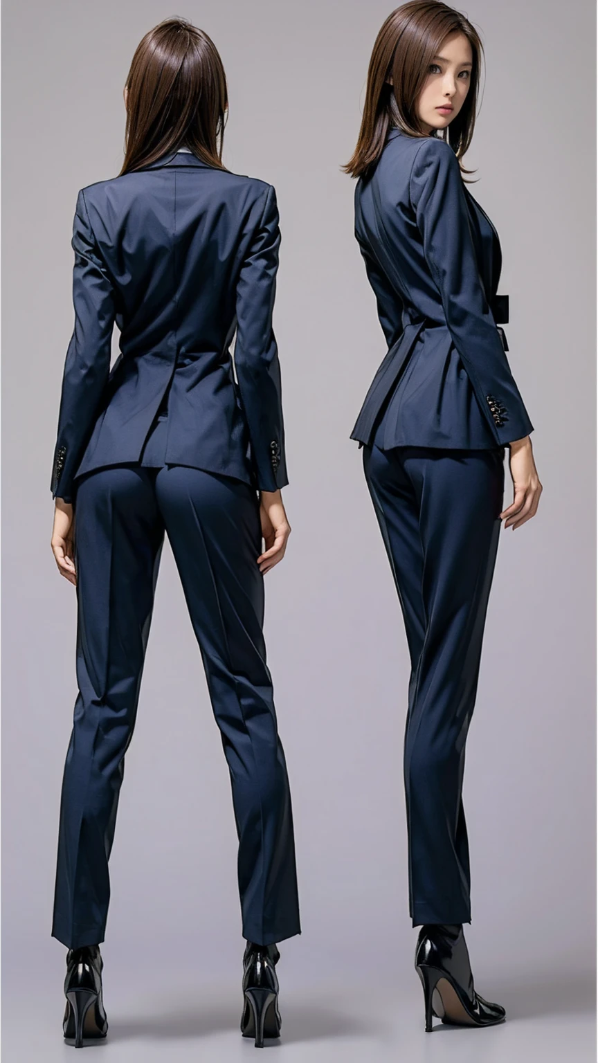 ((masterpiece)),(((Highest quality))),((Character design sheet)),Thin thighs,Long legs,Girl, Skinny Japanese woman, Very small waist, grey suit, Open jacket, office lady, suit, pants, From behind, Office Room, machine, (Stick your butt out:1.2), Detailed face, View your viewers