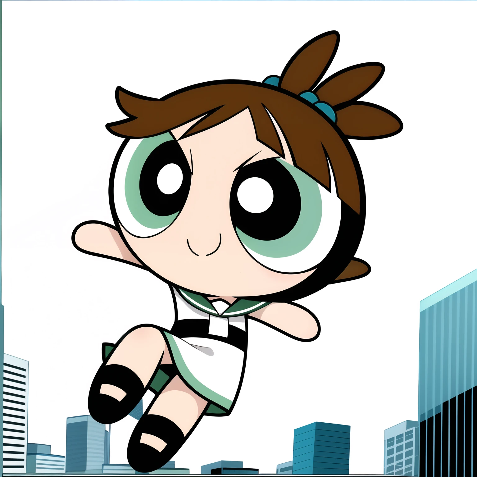 ((cute smile)), full body, 1girl , chibi, hair ornament, ((brown short hair)), mint colored eyes, white Sailor Dress, city background,