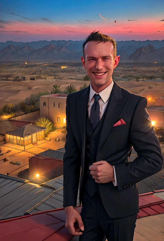 (solo), RAW Photo, photo of man Todder8 on a rooftop overlooking a small city at twilight wearing classic dapper clothes, (wearing suit), glow of the setting sun, vibrant ambiance, desert mountains, neon lights, music, (jet magazine), male, smiling, short hair, Todder5