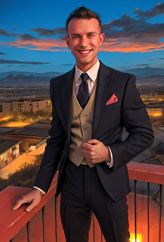 (solo), RAW Photo, photo of man Todder8 on a rooftop overlooking a small city at twilight wearing classic dapper clothes, (wearing suit), glow of the setting sun, vibrant ambiance, desert mountains, neon lights, music, (jet magazine), male, smiling, short hair, Todder5