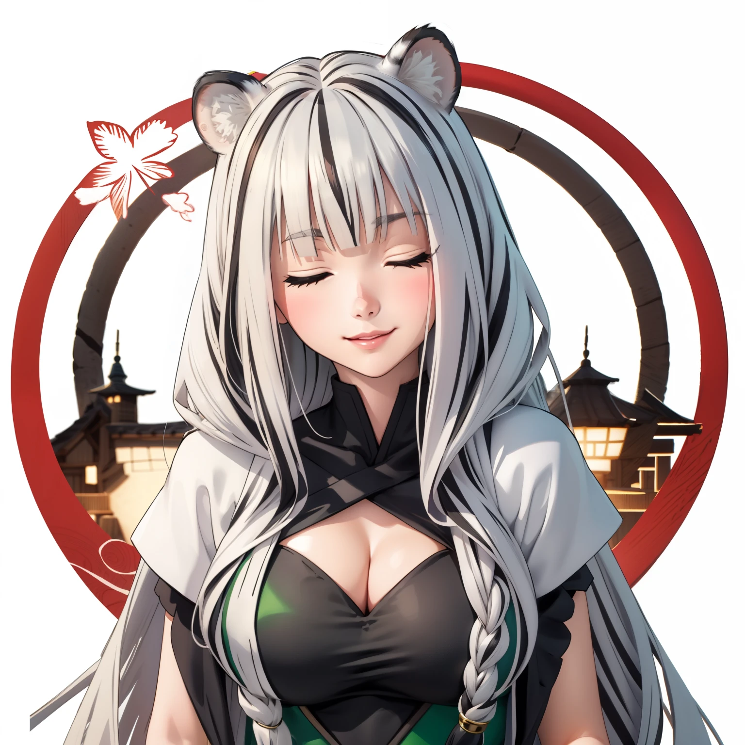 Atlas Fayon woman 40 years, white hair with black stripes ,white tiger ears, closed eyes, mujer ciega con closed eyes,low-cut green dress, flirtatious smile, big breasts,  big neckline, background a ninja village.  white tiger hair.