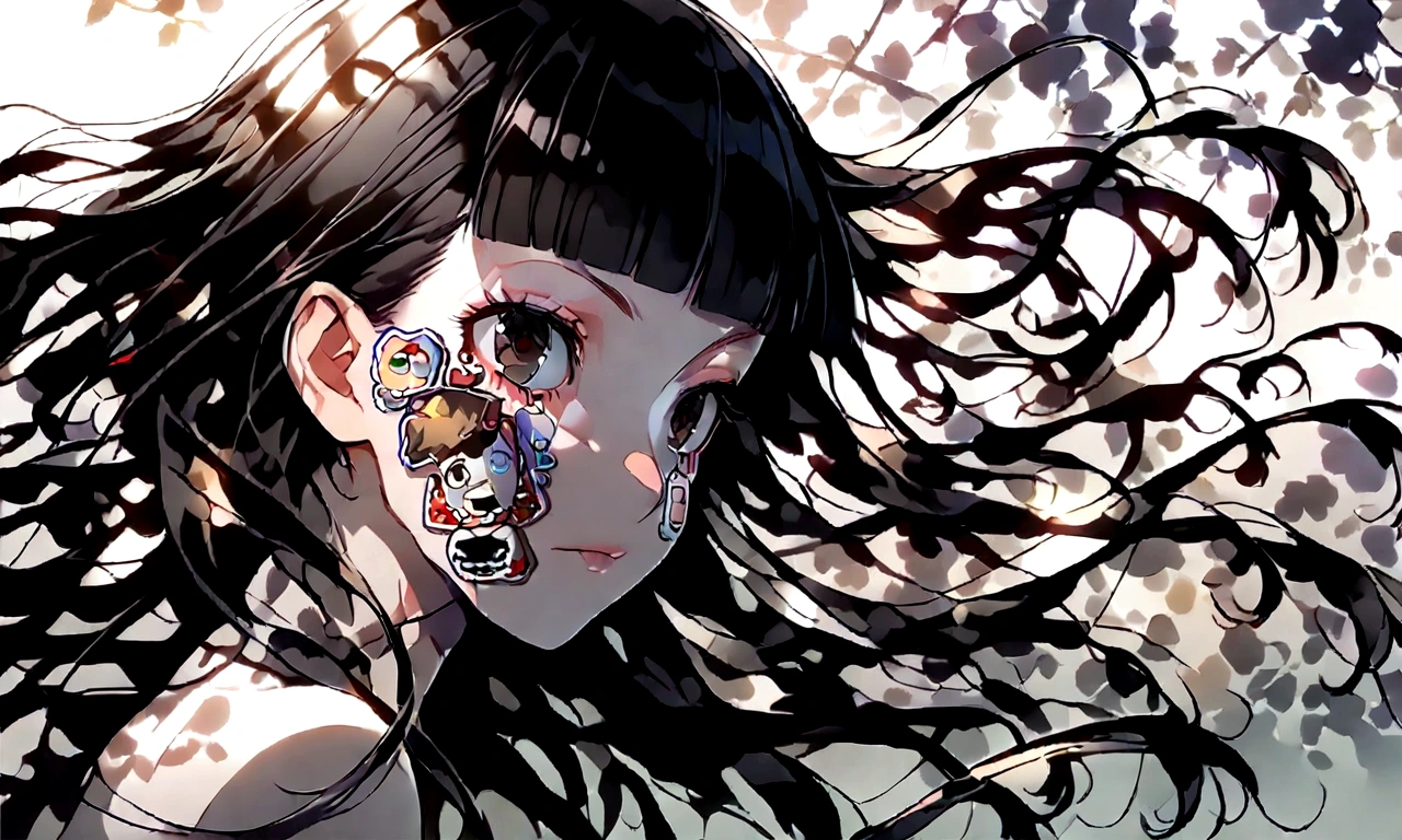 Full Body、1 person、女の子1 person、sleep、sleep、Lie、Lying down、ridicule、Finger prick、Black Hair、Black Feather、Gothic Punk,anime zombie witch design, crossbones, skulls, street wear design, pro vector, Horror style, full design, 6 colors only, solid colors, no shadows, full design, sticker, bright colors, white background.super fine illustration,(((beautiful fine hair))),(((beautiful fine face))),(((beautiful fine background))),(((beautiful fine hair))),(((beautiful fine face))),(((beautiful fine background))),Midsummer、beachBlack Hair、blunt bangs、Cross-eyed