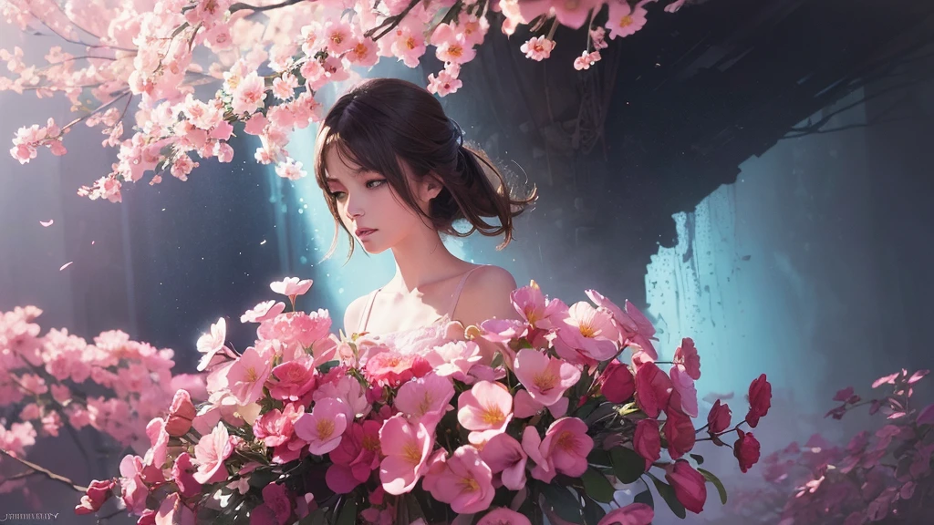 32k, Masterpiece, Highest quality, One girl, Brown Hair, Detailed eyes, flower,Freesia, Pink and navy style,A dreamy, romantic piece,Pale yellow, Mysterious Leaves,A playful arrangement,Fantasy,High Contrast,Ink strokes,explosion,Exposure, Impression of pink and navy tones,Abstract,((Watercolours by John Berkey and Jeremy Mann )) Brush strokes,Negative Space, Tyndall effect,